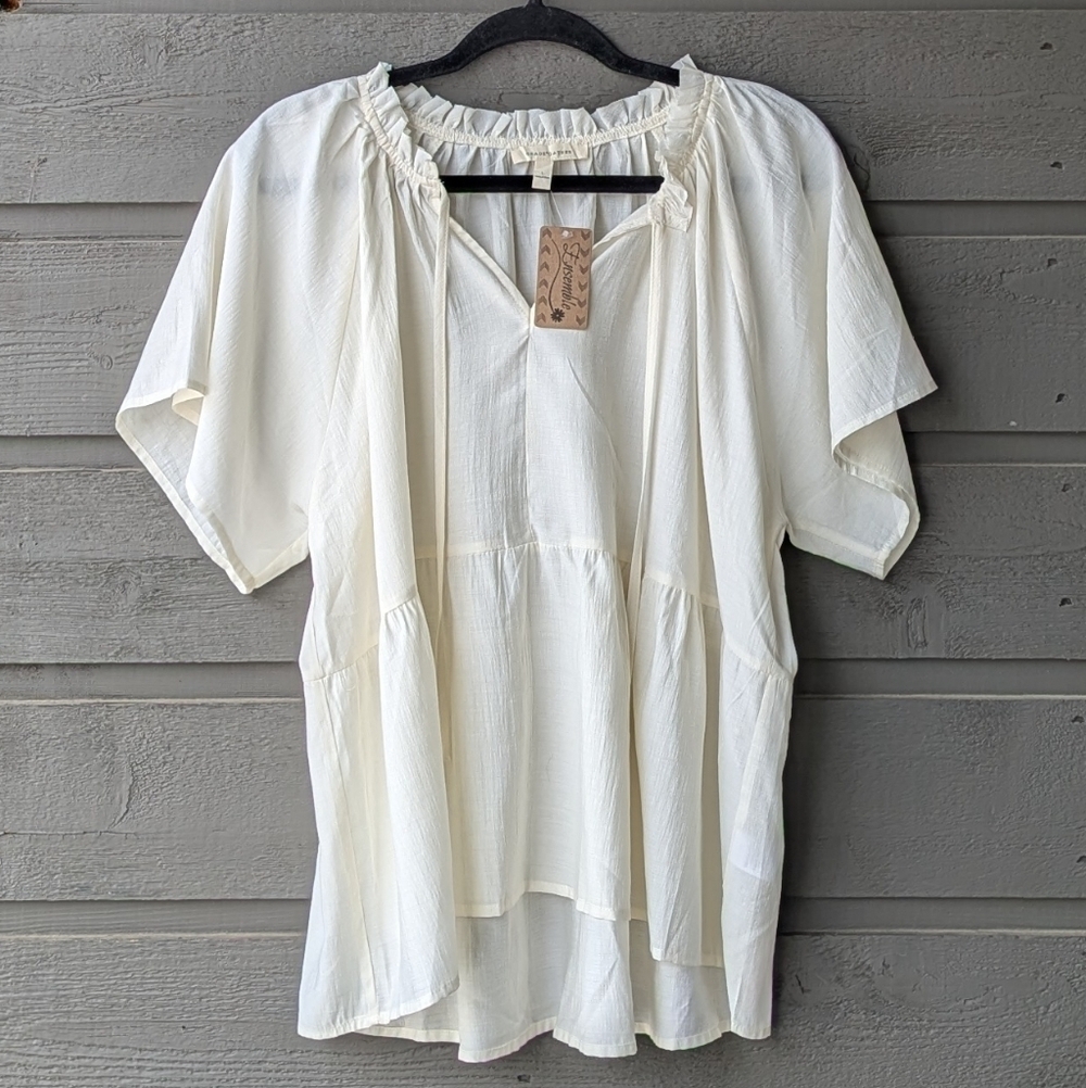 NWT Grade & Gather Ivory Tie Neck Short Sleeve Blouse Large Lightweight Flowy - Picture 8 of 8